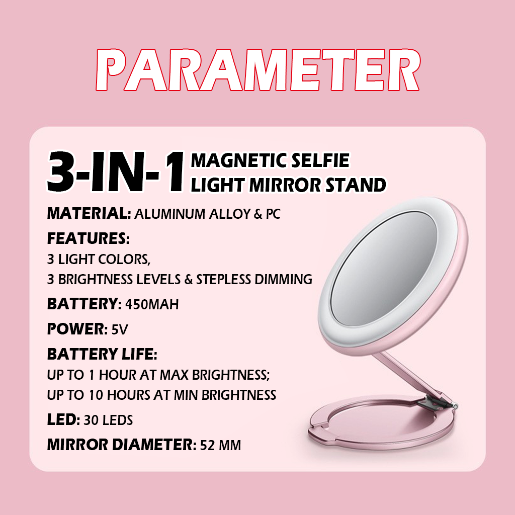 3-in-1 Magnetic Selfie Ring Light Mirror Stand – Slim 7mm 3 Color Modes Dimmable Portable Makeup Light