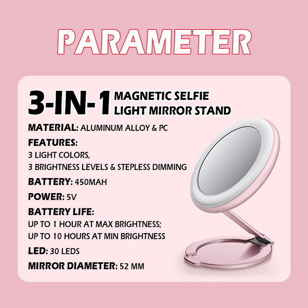 3-in-1 Magnetic Selfie Ring Light Mirror Stand – Slim 7mm 3 Color Modes Dimmable Portable Makeup Light